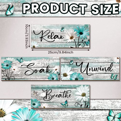 Sunnyray 4 Pcs Farmhouse Spring Bathroom Wall Decor Sign Daisy Tulip Flowers and Butterfly Bathroom Wall Art Relax Soak Unwind Breathe Rustic Wood Plaque Spring Decor(Turquoise, 10 x 4 Inch)