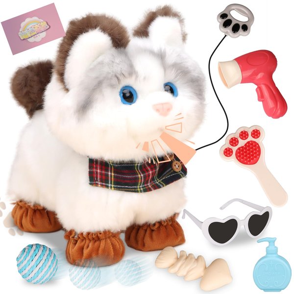 Jimate Walking Cat Toys for Kids with Leash, Plush Toy Cat That Walks and Meows, Interactive Cat Toy for Kids Aged 3-7, Best Birthday, Children's Day for Girls and Boys