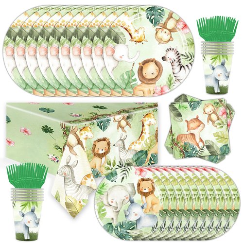 101pcs Jungle Animals Party Supplies Birthday Decorations Tableware Set Disposable Paper Plates, Napkins, Cups, Cutlery, Tablecloth, For Jungle Animals Theme Birthday Decorations