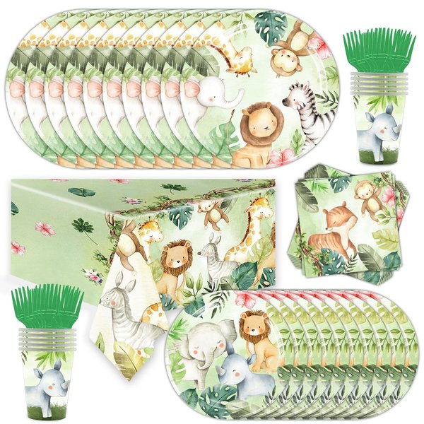 101pcs Jungle Animals Party Supplies Birthday Decorations Tableware Set Disposable Paper Plates, Napkins, Cups, Cutlery, Tablecloth, For Jungle Animals Theme Birthday Decorations