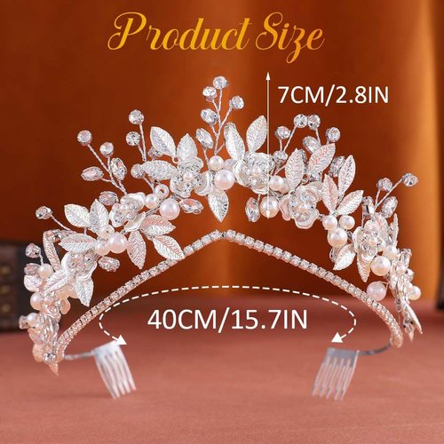 Latious Leaf Bride Wedding Tiaras Silver Rhinestone Princess Headwear Pearl Bridal Headpiece for Women (Silver)