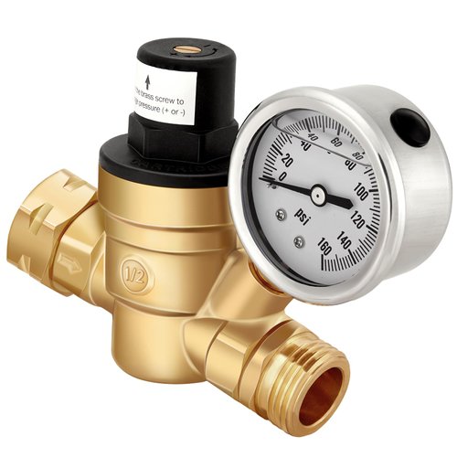 Kohree RV Water Pressure Regulator for RV Camper, Brass Lead-Free Adjustable Reducer Valve Water Pressure Regulator with Gauge Inlet Screen Filter for RV Camper Travel Trailer