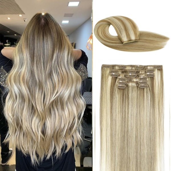 Savasana Clip in Hair Extensions Real Human Hair Ash Blonde to Highlighted Platinum Blonde Full Head Straight Hair Extensions for Women 7PCS Thick Full End 80g Clip on Hair Extensions 14In #18H60