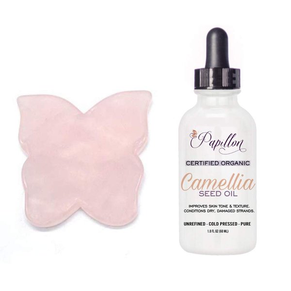 Papillon Organic Rose Quartz Butterfly Gua Sha Facial Tool & Organic Camellia Oil Bundle - Facial Massage, Wrinkle Reducer, Anti-Aging Treatment