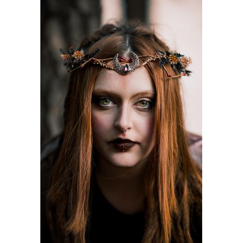 MOSTORY Handmade Moon Flower Crown Headpiece Burgundy Floral Elf Circlet Woodland Forest Headband for Witch Devil Queen Carnival Renaissance Fest Halloween Cosplay Prom Wedding Red