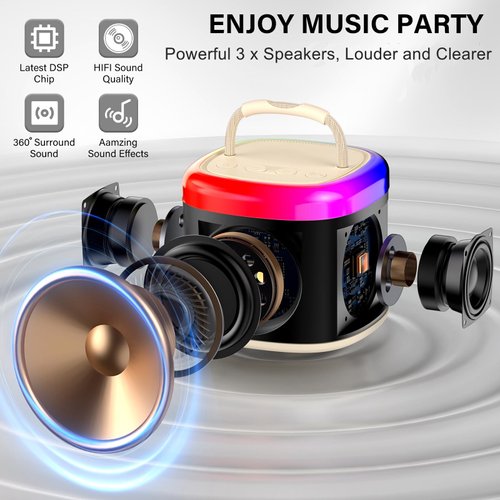 HWWR Mini Karaoke Machine for Kids: Portable Bluetooth Speaker with 2 Wireless Microphones & Disco Lights for Home Party, Kids Birthdays Christmas, Toys for Girls Boys 3-12+