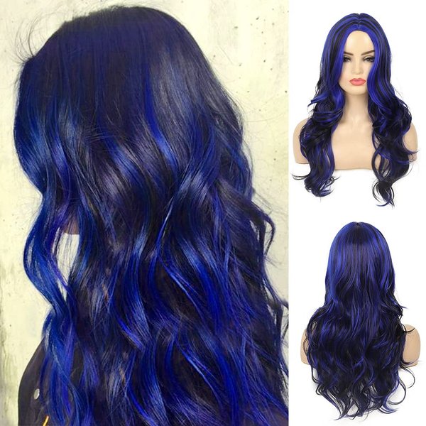 Sallcks Blue Black Wigs Highlights Long Wavy Wig Layered Middle Part Synthetic Cosplay Costume Halloween Wig for Women