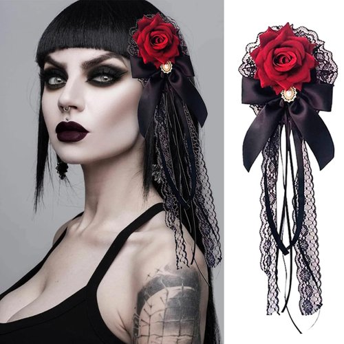 Red Rose Lace Pearl Hairpin Rose Bow Ribbon Elegant Hair Clip Retro Lolita Gothic Ribbon Bow Clip Hair Accessories for Women Bride Cosplay Party Wedding Birthday Halloween Decoration