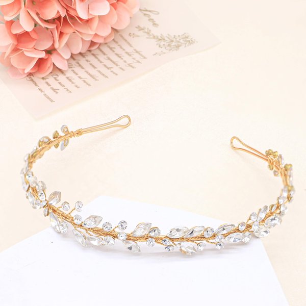 Oriamour Crystal Wedding Headbands For Brides RhinestoneSlim Bridal Headpieces For Women Handmade Hair Bands For Girls (Gold)
