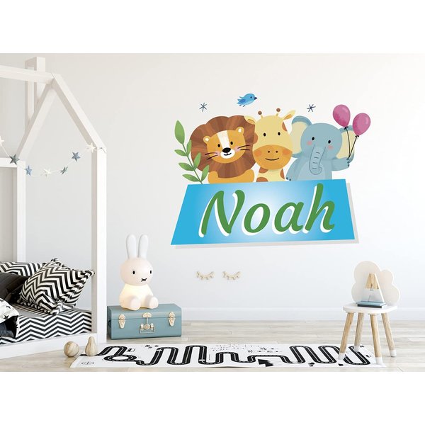 Custom Name with Lion Giraffe and Elephant - Animals Series Theme Wall Decal - Wall Decal for Nursery Bedroom playroom Decoration (Wide 30"x26" Height)