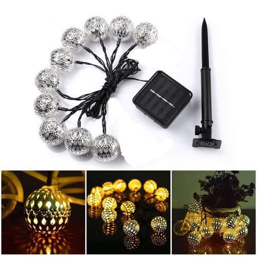 Hann LED Solar Globe String Lights, 12ft 10 LEDs Moroccan Orb Ball, Waterproof Ambiance Lighting, 3000K Warm White, Starry Fairy Lights for Outdoor Garden Yard Patio Party Christmas Party