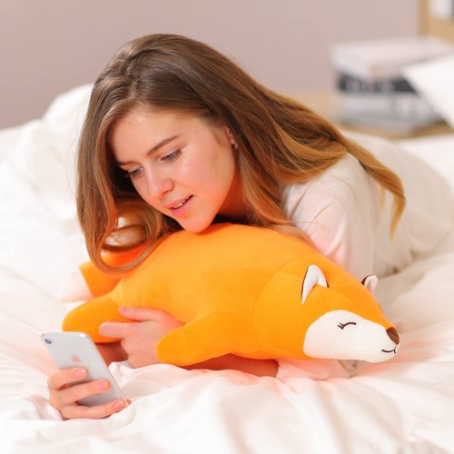 Niuniu Daddy Fox Stuffed Animals Not Weighted, Cute Big Lying Fox Plush Toy, 18.1in Kawaii Soft Plushies, Hugging Body Pillow for Christmas/Birthday/Party Gifts Presents for Kids Girls Boys Adults