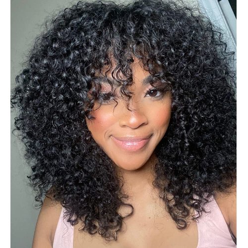 YOUNG BEAUTY Curly Human Hair Wig With Bangs 100% Brazilian Human Hair Curly Wigs O Scalp Top Full Machine Made Wig for Black Women Loose Curly Wigs 180Density 16inch Natural Color