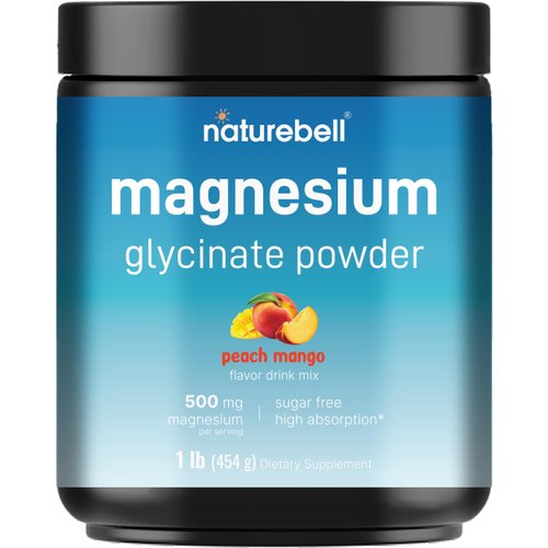NatureBell Magnesium Glycinate Powder 500mg, 1lb (16oz) | 100% Chelated for High Absorption | Peach Mango Flavor | Supports Muscle, Bone & Heart Health | Sugar-Free, Bitterless, Non-GMO, Vegan
