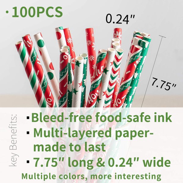 Paper Straws Christmas 100-Pack Biodegradable, 7.75 Inches, Stripe Paper Straws, Red, Green, Dot, Bulk, Snow, Christmas Paper Straws Ououps, Thanksgiving Christmas Holiday Gift…