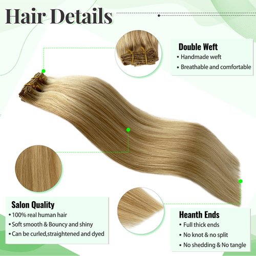 Real Hair Extensions Clip in Human Hair Golden Blonde Mixed Honey Blonde Highlights Seamless Clip in Hair Extensions 5pcs 70g Long Straight Natural Remy Human Hair Seamless Clip ins 16 Inch