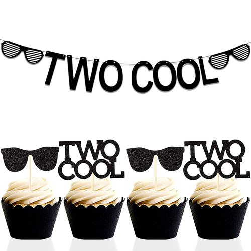 Set of 25 LaVenty Two Cool Banner Black Glittery Two Cool Cupcake Topper Sunglasses Party Supplies Decoration
