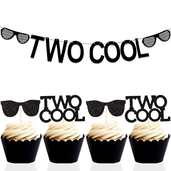 Set of 25 LaVenty Two Cool Banner Black Glittery Two Cool Cupcake Topper Sunglasses Party Supplies Decoration