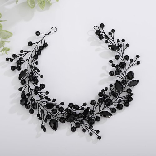Kercisbeauty Wedding Brdial Black Rhinestones Beads Headpiece for Women Girls Halloween Party Jewelry