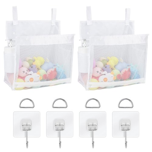 Adorila 2 Pack Mesh Bath Toys Organizer, Kids Bathroom Toy Storage Holder with Hooks, Bottom Zipper Toy Bag for Bathtub (White)
