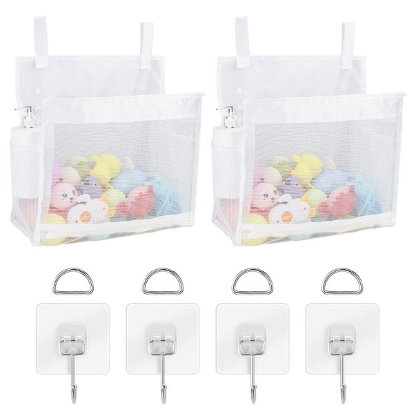 Adorila 2 Pack Mesh Bath Toys Organizer, Kids Bathroom Toy Storage Holder with Hooks, Bottom Zipper Toy Bag for Bathtub (White)
