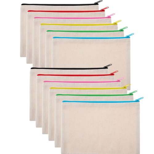 12 Pieces Multipurpose Canvas Cosmetic Bag Makeup Pouches with Zipper Canvas Bag Blank Makeup Bag Plain Pencil Pouch Travel Toiletry Bag for Women Girls DIY