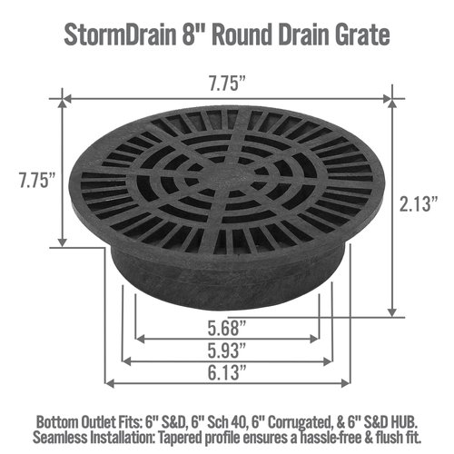 StormDrain 8" Outdoor Round Drain Grate Cover - Fits 6" Round Catch Basins, SDR Pipe and Fittings, Corrugated Pipe, Belled End Pipe and Double Wall Pipe - Superior Strength and Durability, Black