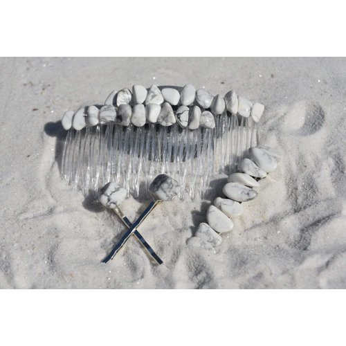 White Howlite Stone Hair Clip Set - Includes 2 Hair Combs, 1 60 mm French Barrette, 2 Hair Pins