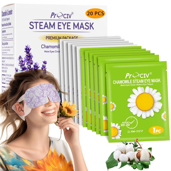 ProCIV 20 Packs Steam Eye Masks, Warming Eye Masks for Dark Circles, Disposable Self-heating Hot Eye Mask Soothing Headache, Dry Eyes, Heating Eye Mask for Stress Eye Fatigue Relief Moher's Day Gift