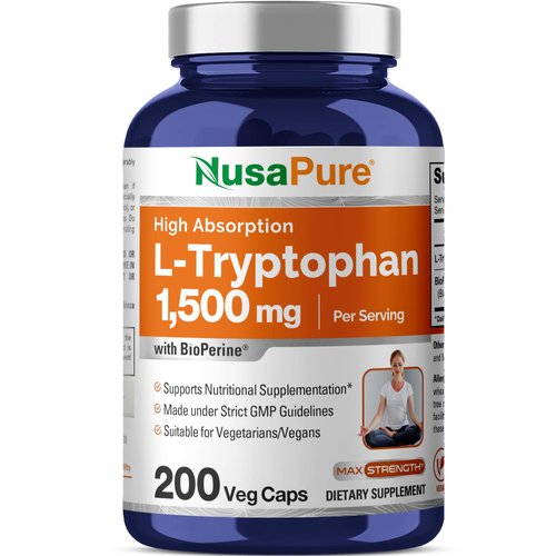 NusaPure L-Tryptophan 1500mg 200 Vegetarian Caps (Non-GMO, Vegan) Bioperine