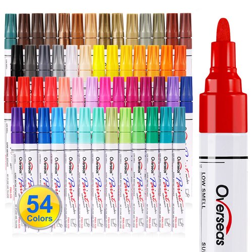 Overseas Paint Marker Pens - 54 Colors Permanent Oil Based Paint Markers, Medium Tip, Quick Dry and Waterproof Assorted Color Paint Pen for Metal, Wood, Plastic, Rock, Stone, Mugs, Canvas, Glass