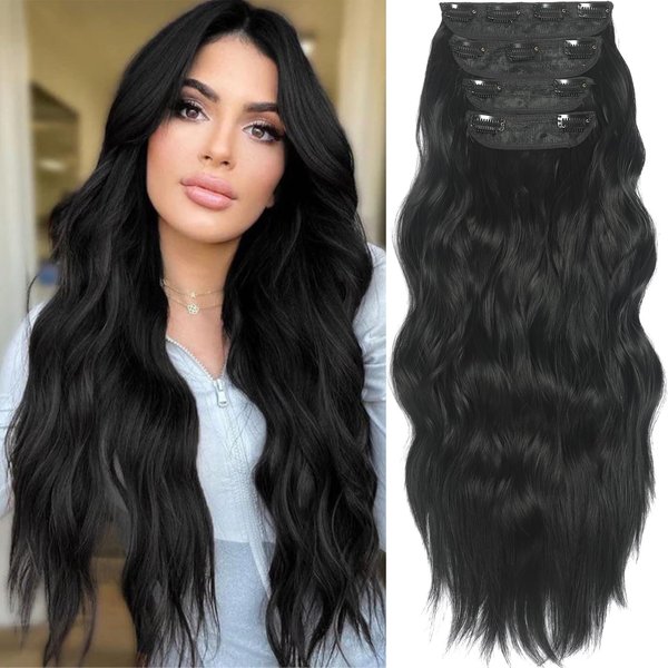 Black Clip in Hair Extensions, 4 PCS Natural Soft Long Wavy Clip on Synthetic Hair Extensions, 20Inch Thick Hairpieces Curly Clip in Hair Extensions 11 Clips (20Inch(4PCS), 1B# Natural Black)