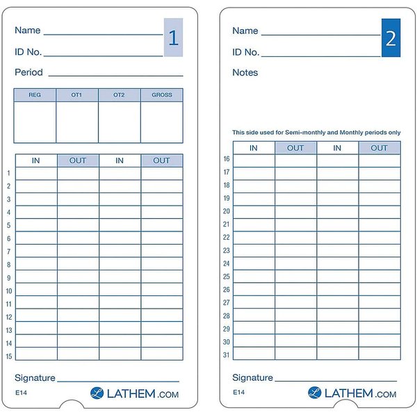 Lathem E14-100 Pack of 100 Time Cards, 2-Sided, for use with Lathem Model 400E Time Clock, 7" High