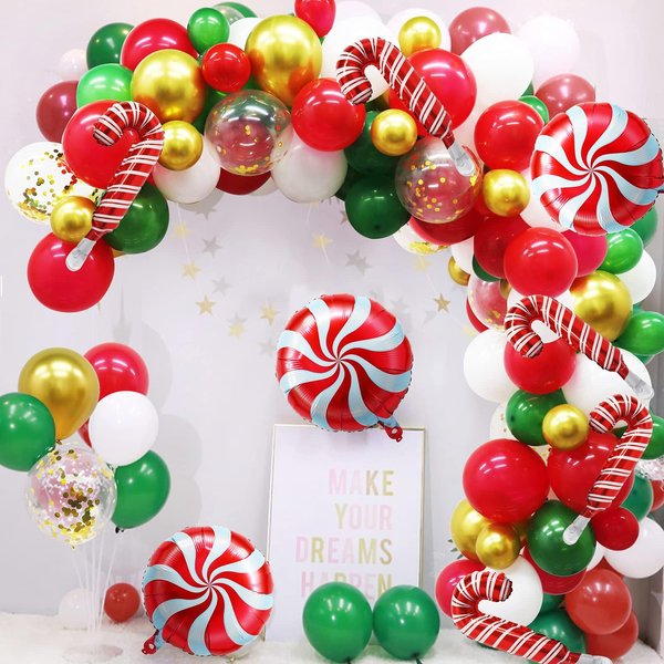 GuassLee Christmas Balloons Garland Arch Kit - Red Green Gold Confetti Balloons with Candy Mylar Balloons for Christmas Holiday Candy Theme Baby Shower Birthday Xmas Party Decorations, 101 Pack