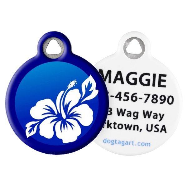 Dog Tag Art Blue Hibiscus Personalized Pet ID Tag for Dogs and Cats, Silent Polymer Coated Stainless Steel Nametag with Customized Identification Information, Small .875" Diameter