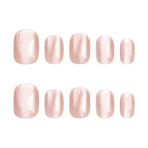 Press on Nails Short Square Fake Nails with Cat Eyes Designs Glitter Glue on Nails Glossy False Nails Press ons Acrylic Stick on Nails for Women 24 Pcs