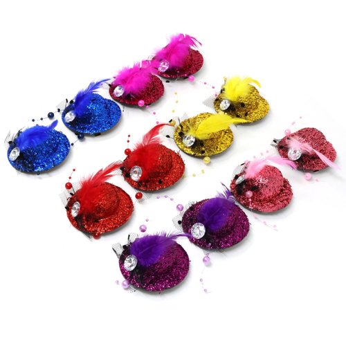 Honbay 12PCS Mini Hat Hair Clip Decorative Faux Feather Mesh Hair Barrettes Shining Tea Party Mini Hats for Birthday Wedding and Dancing Party (6 Color)