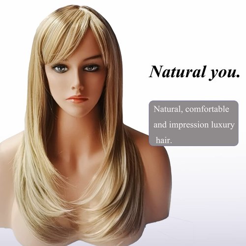 Auflaund Long Straight Blonde Wigs Imported Synthetic Ombre Dark Root Layered High Dentistry Glazed Hair Replacement Wigs for Women with Inclined Bangs 22 Inches (T/Blonde)