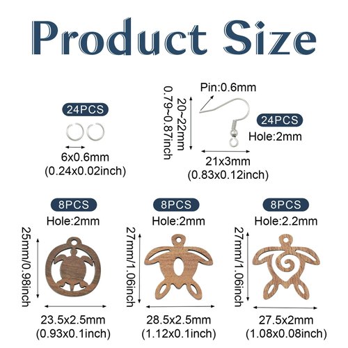 Cheriswelry 72Pcs/Box Wood Earring Making Kit with Turtle Wooden Pendants Earring Hooks Jump Rings 27mm for DIY Ocean Jewelry Making Decoration