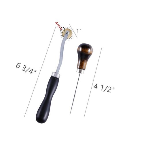 Tailors Awl and Needle Point Tracing Wheel, Scratch Awl 4 1/2" Long Leather Tools, 4mm Leather Paper ClothSewing Overstitch Wheel Tool 6 3/4" Long Pack of 2