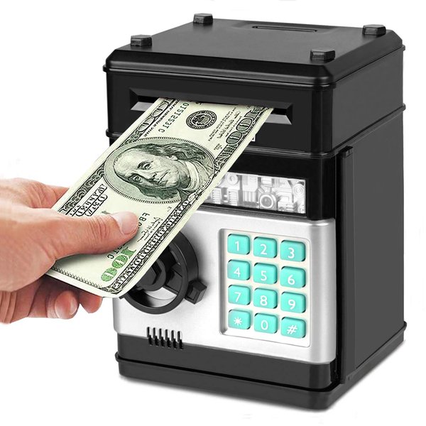 Adevena Electronic Piggy Bank, Mini ATM Password Money Bank Cash Coins Saving Box for Kids, Cartoon Safe Bank Box Perfect Toy Gifts for Boys Girls (Black)