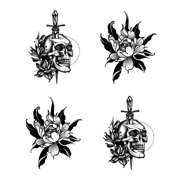 SanerLian Skull Temporary Tattoo Sticker Waterproof Grey Flowers Vintage Halloween Adult Men Women Arm Shoulders 15X11cm Set of 4