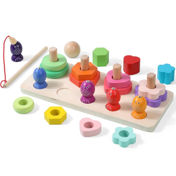 Wooden Magnetic Fishing and Shape Block Stacking Toys 2-in-1, Montessori Early Childhood Games for Toddlers, Gifts for 3-Year-Old Boys and Girls