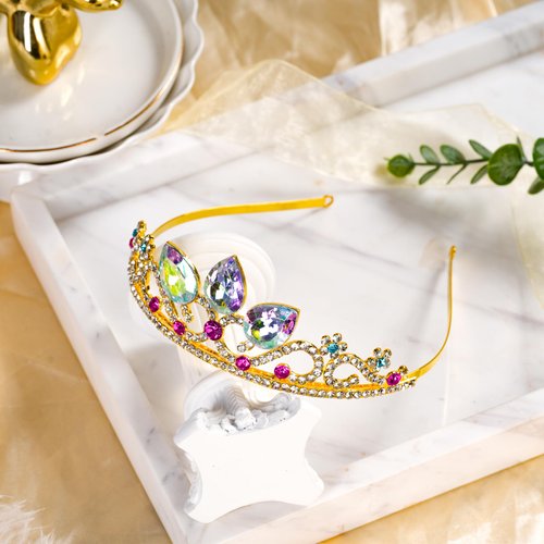 Princess Crown Halloween Cosplay Bridal Wedding Crystal Hair Tiara Sparkle Gold Crown Rapunzel Tiara for Women Girls Costume Accessories Birthday Gift