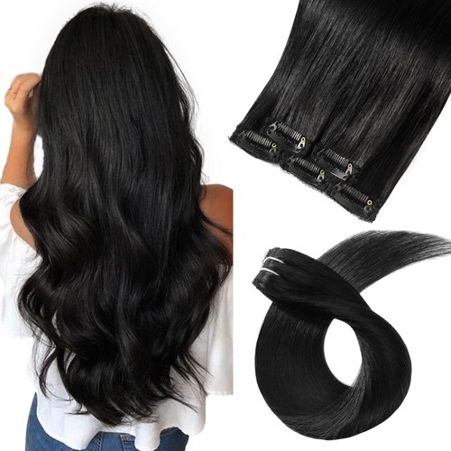 clip in Hair Extensions Natural Black Real Human Hair 22inch 30g 5pcs to add volume Remy Human Hair Extensions
