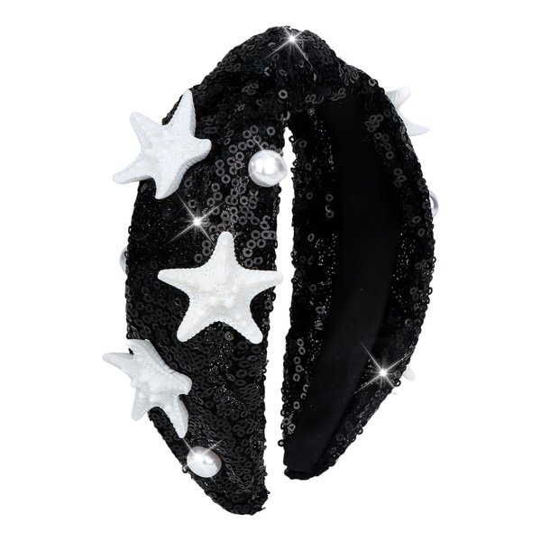 YISSION 1PC Sparkly Sequin Knotted Headband for Girls Women Non Slip Black Starfish Headband Pearl Hairband Fashion Glitter Headbands for Women Hair Accessories for Girls Women