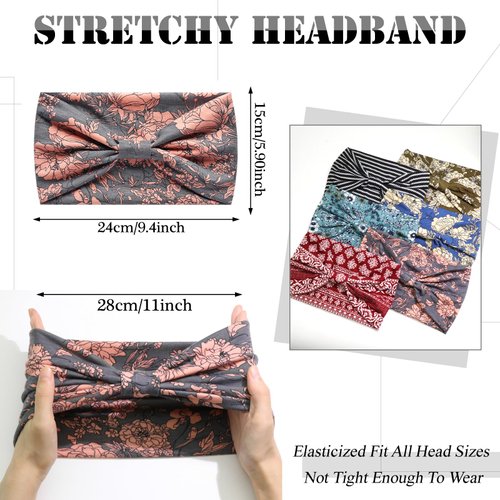 SAWINDA 6 Pcs Boho Headbands for Women Wide Twist Knotted Non-Slip Head Bands for Women's Hair Stripe Floral Vintage African Hair Bands Daily Life Yoga Exercise Stretchy Head Wraps Accessories