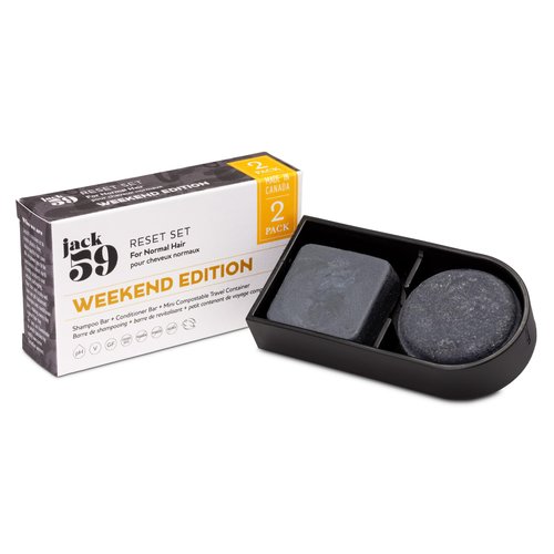 Jack59 Weekend Edition Travel Set Shampoo Bar and Conditioner Set - All Natural Shampoo and Conditioner Bars, Bar Shampoo for Fine Hair and Removing Buildup with Mini Compostable Container, Reset 95g