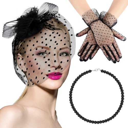 Vintage Veil Fascinator Hat Veil Mesh Headband Short Lace Gloves Faux Pearl Necklace for Women Wedding Tea Party (Black)