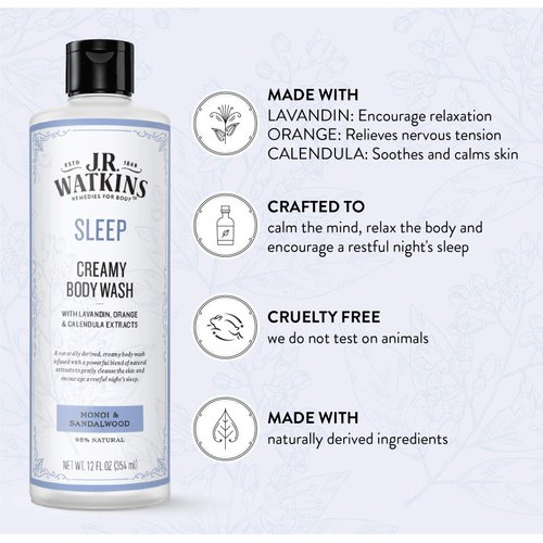 J.R. Watkins Sleep Creamy Moisturizing Body Wash, Cleanses & Encourages Restful Sleep, Natural Monoi & Sandalwood, 12 oz